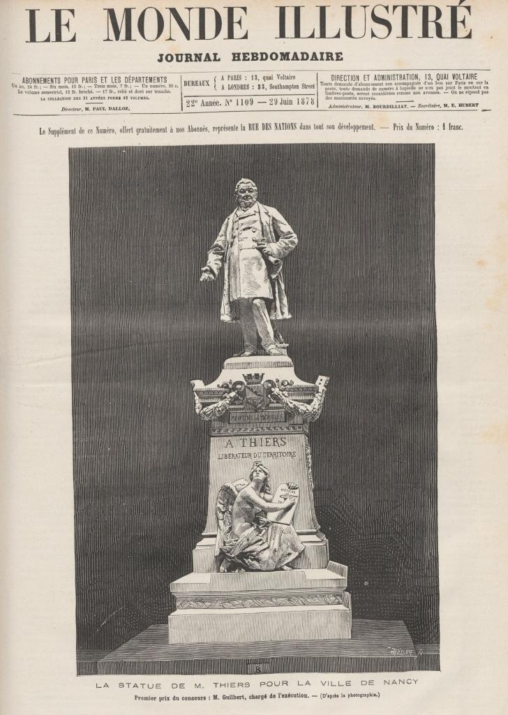 Estampe de la statue d'Adolphe Thiers à Nancy reproduite dans le journal Le Monde Illustré en date du 29 juin 1878. © Bibliothèque nationale de France.