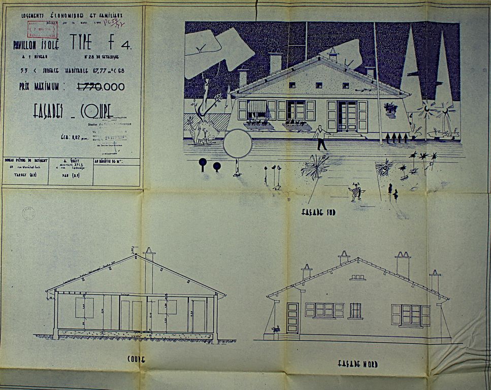 Dessins d'une coupe et des façades sud et nord d'un pavillon isolé, type F4, par l'architecte André Grésy, 1954.