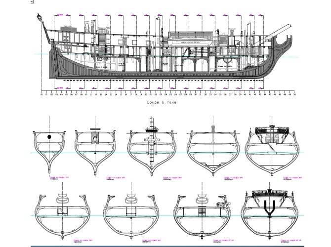 Coupes de la réplique de L'Hermione.