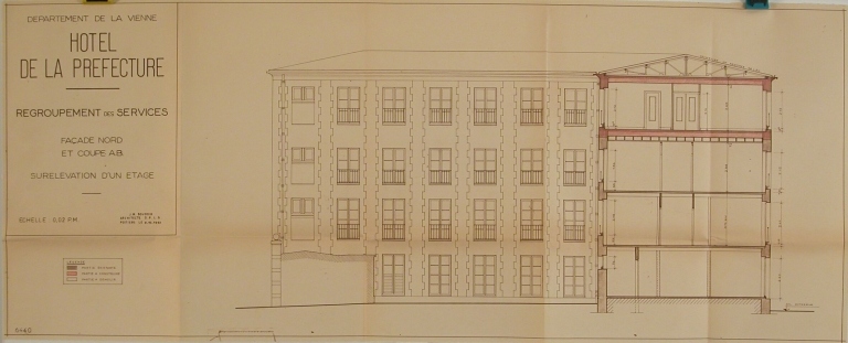 Élévation et coupe, façade nord, ancien bâtiment des archives, projet réalisé de surélévation, Jean-Marcel-Boudoin, octobre 1963.