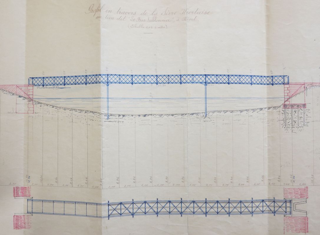 Projet de passerelle pour le Bas-Sablonnier, vers 1909 : élévation et plan.