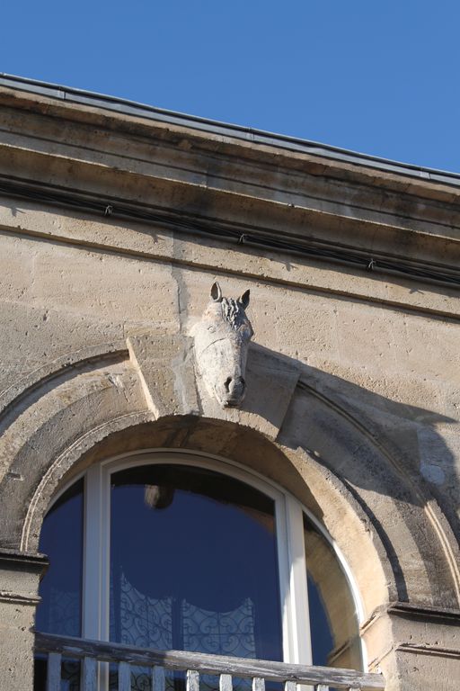 Détail de l'agrafe sculptée d'une tête de cheval.