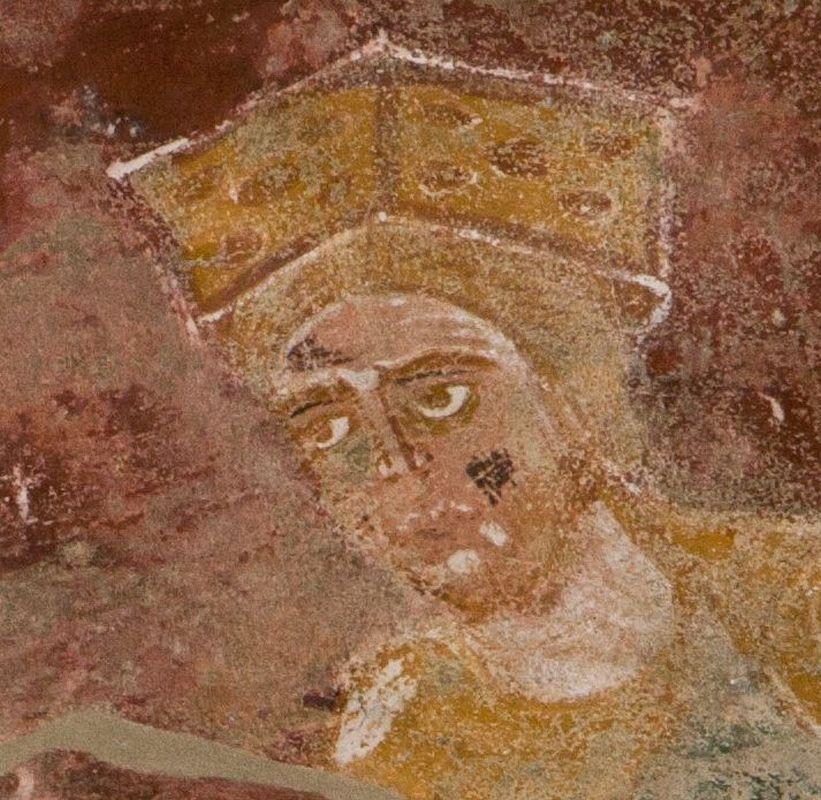 Visage de Pharaon lorsque celui-ci donne son anneau à Joseph, voûte de la nef de l'abbaye de Saint-Savin.