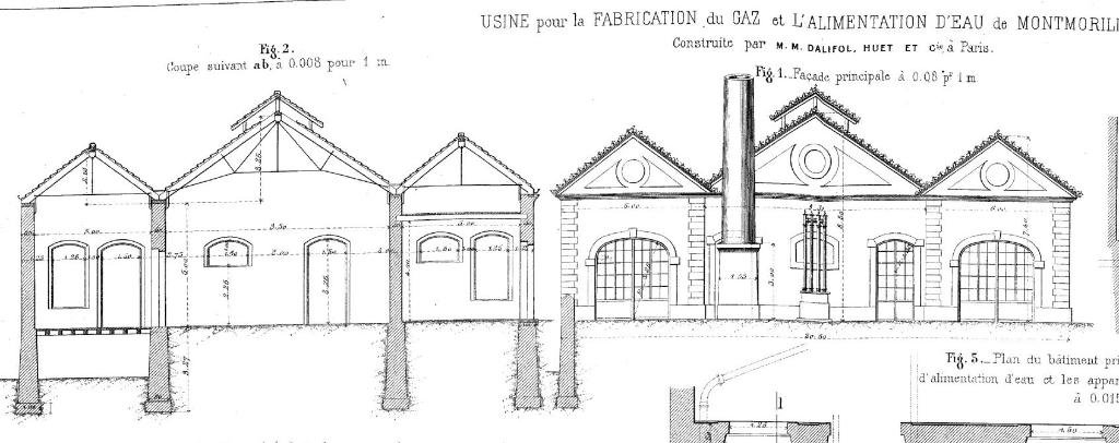 Façade principale et coupe de l'usine à gaz, Les annales industrielles, 1880, planche 7-8, figure 1 et 2.