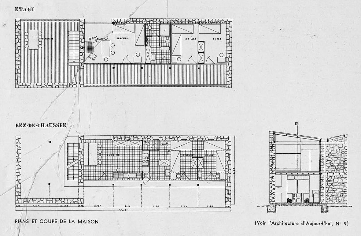 Plans et coupe de la villa, extrait de la revue L'Architecture d'aujourd'hui, 1936.