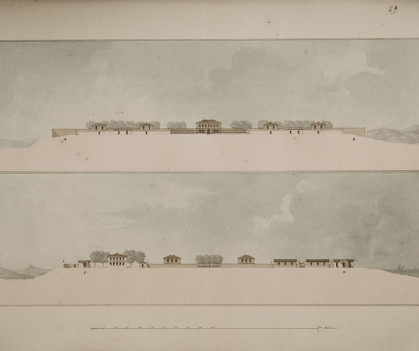 Elévation du côté de terre et coupe sur les deux entrées du Lazaret.