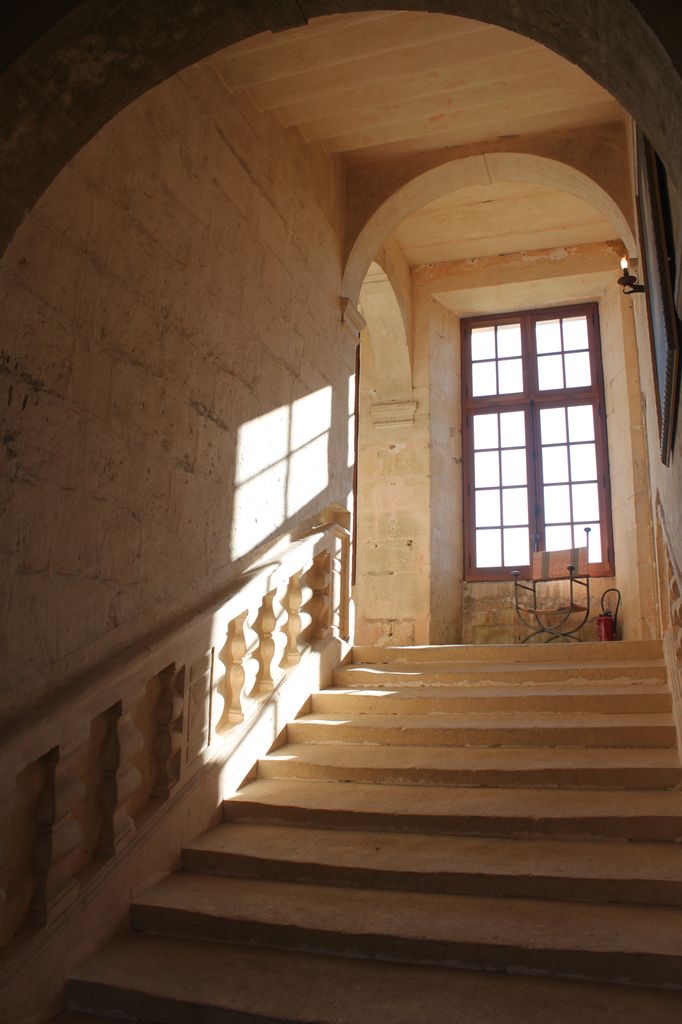 Première volée de marches de l'escalier principal et premier repos éclairé par une grande fenêtre.