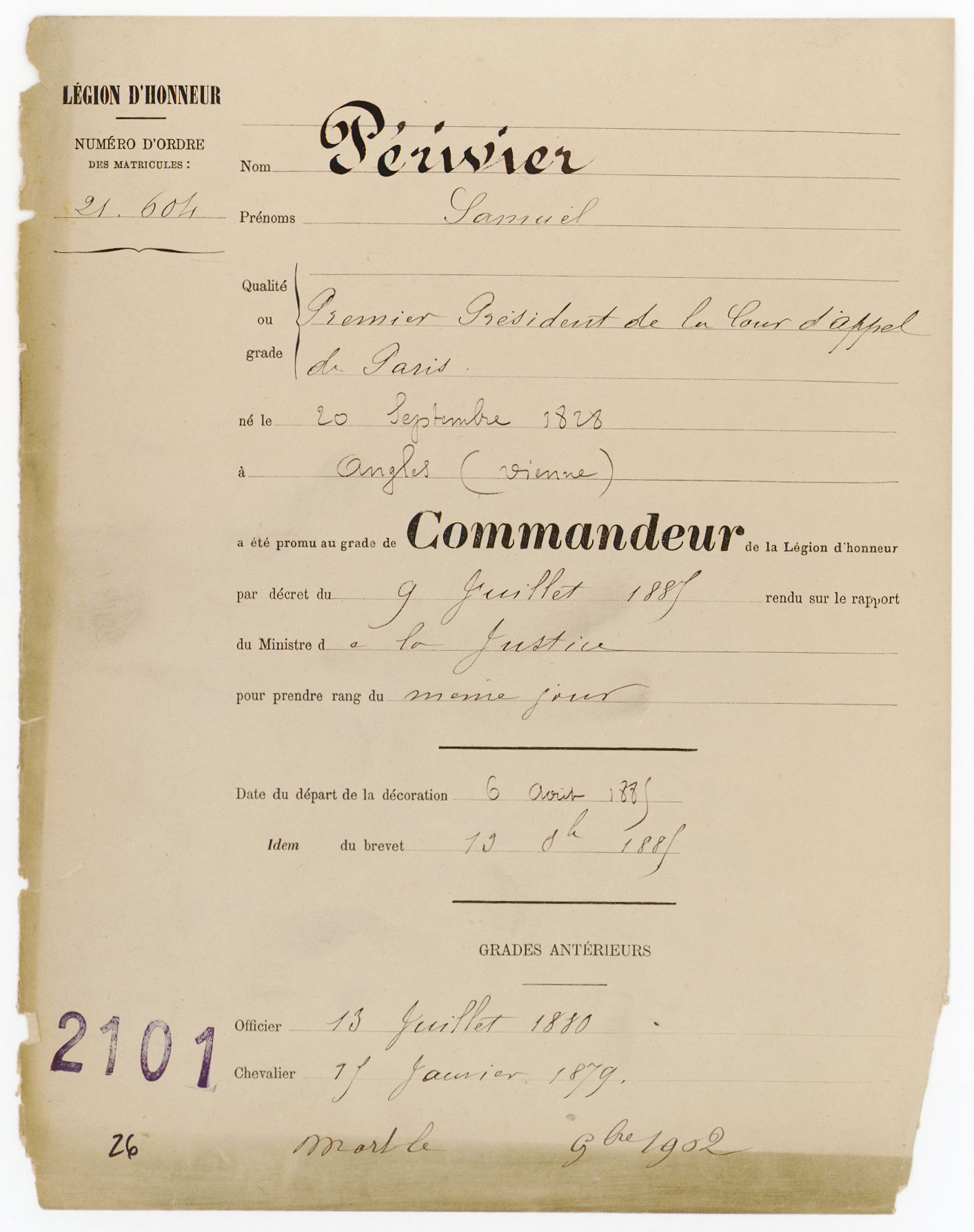 Diplôme d’attribution de la Légion d’Honneur à Samuel Périvier en 1885. © PERIVIER Samuel - Légion d'honneur - Base de données Léonore (culture.gouv.fr).