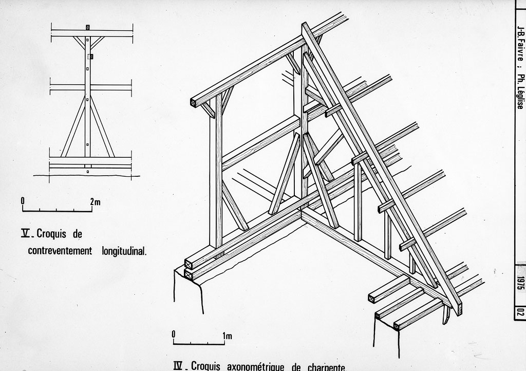 Contreventement longitudinal et axonométrique de la charpente.