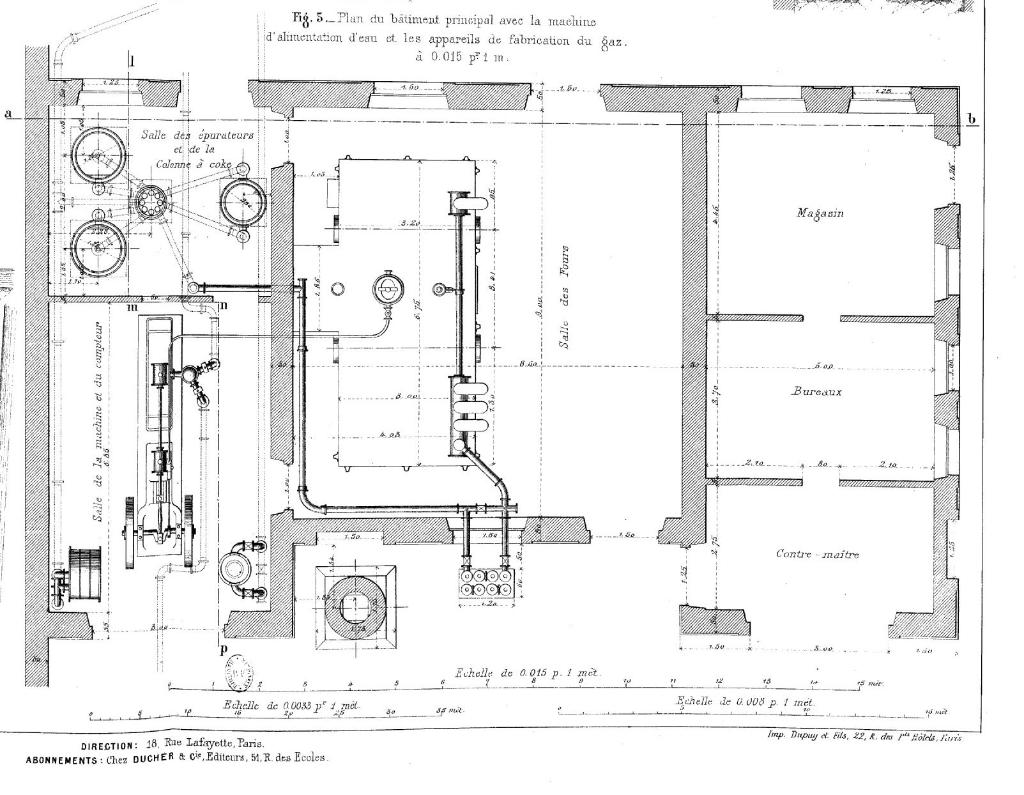 Plan des bâtiments de production de l'usine à gaz, Les annales industrielles, 1880, planche 7-8, figure 5-2.