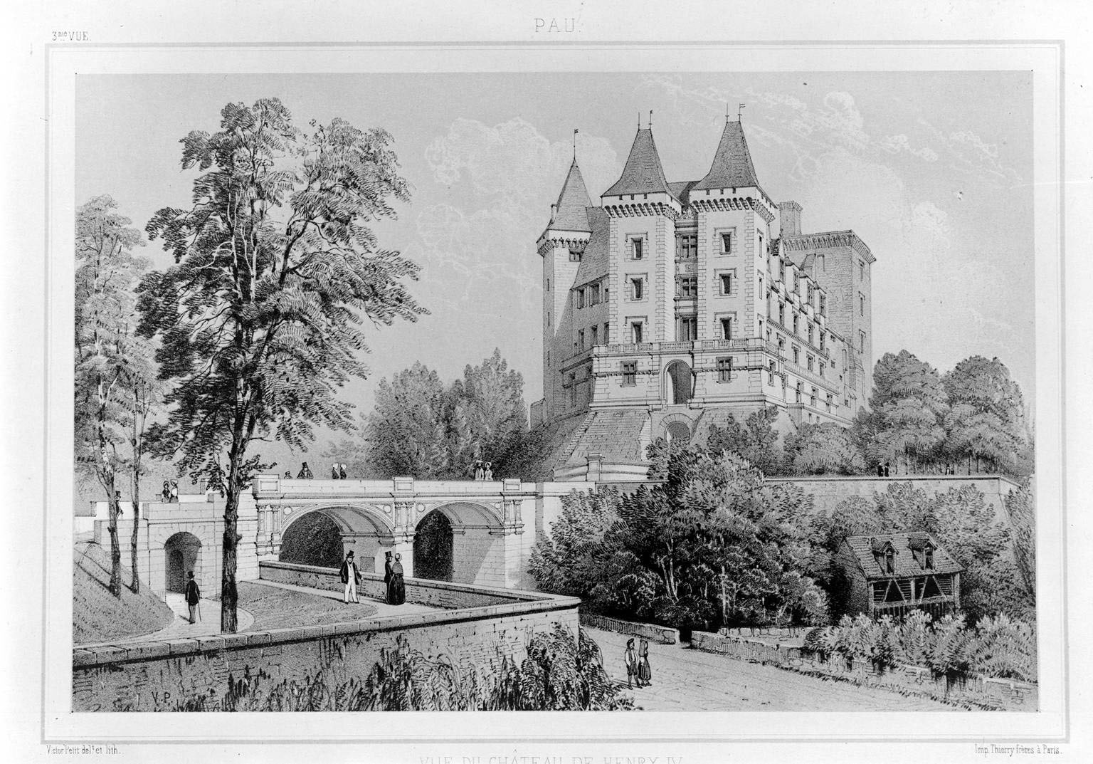 Vue du château d'Henri IV prise de la Basse-Plante. (Souvenirs de Pau. Dessinés d'après nature et lithographiés par Victor Petit (Bassy, Auguste), 1854 (?).