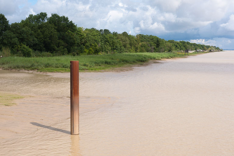 Vue des rives de l'estuaire en aval de la cale inclinée.