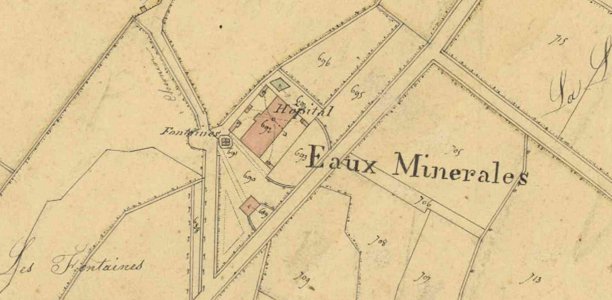 Eaux minérales, hôpital et fontaines, extrait du plan cadastral de  La Roche-Posay, 1833, feuille B2.