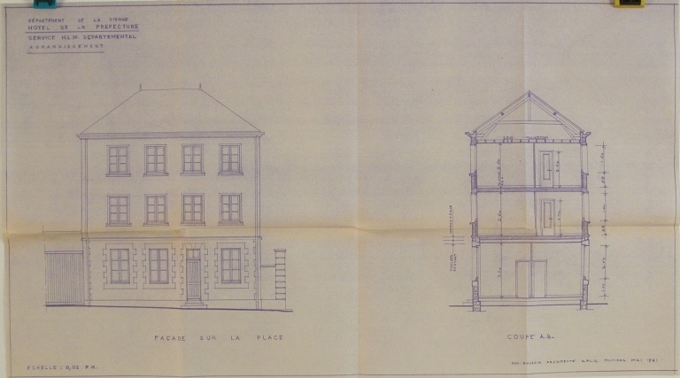 Élévation et coupe, bâtiment à l'angle de l'impasse des Ecossais adossé au mur de clôture de la Grand'Maison, destiné au service vicinal puis au service des HLM, état après 196, par Jean-Marcel-Boudoin.