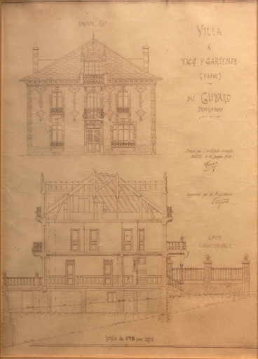 Elévation est et coupe dressées par l'architecte Féron le 10 janvier 1905.