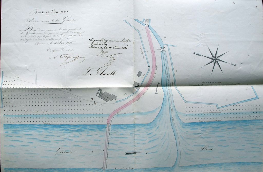 Plan d'une partie de la rive gauche de la Gironde avec emplacement de l'ancien peyrat que les habitants de la commune de St Estèphe se proposent de reconstruire, par l'ingénieur ordinaire Deschamps, dessin, encre, aquarelle, 16 juin 1838.