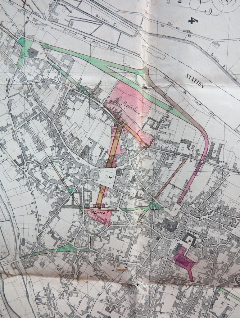 Projet d'urbanisme, plan de Pichot, nouvelle édition 1849, détail de la liaison gare - projet de mairie.