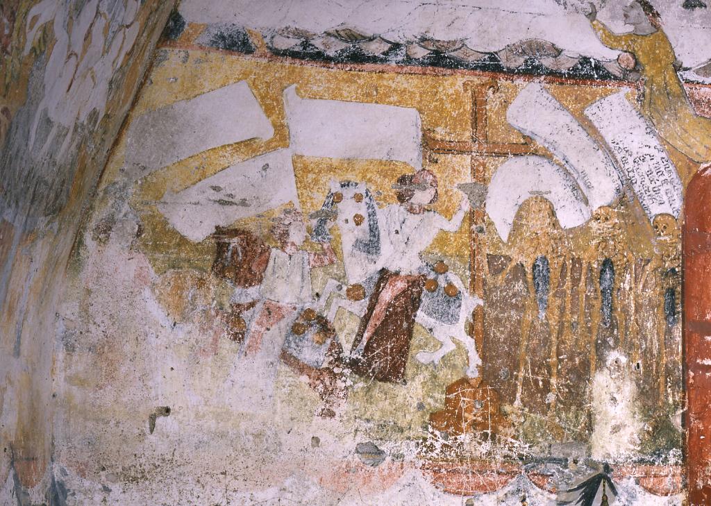 Dict des trois vifs et des trois morts, chapelle du château de Boismorand à Antigny. Peinture de la fin du 15e siècle.