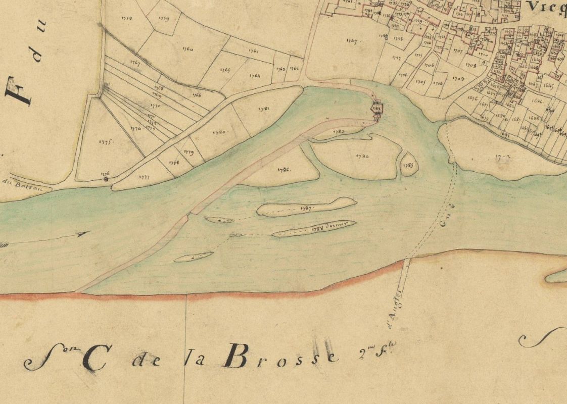 Le moulin, le barrage et le gué du bourg de Vicq-sur-Gartempe, plan cadastral de 1827, feuille E2.