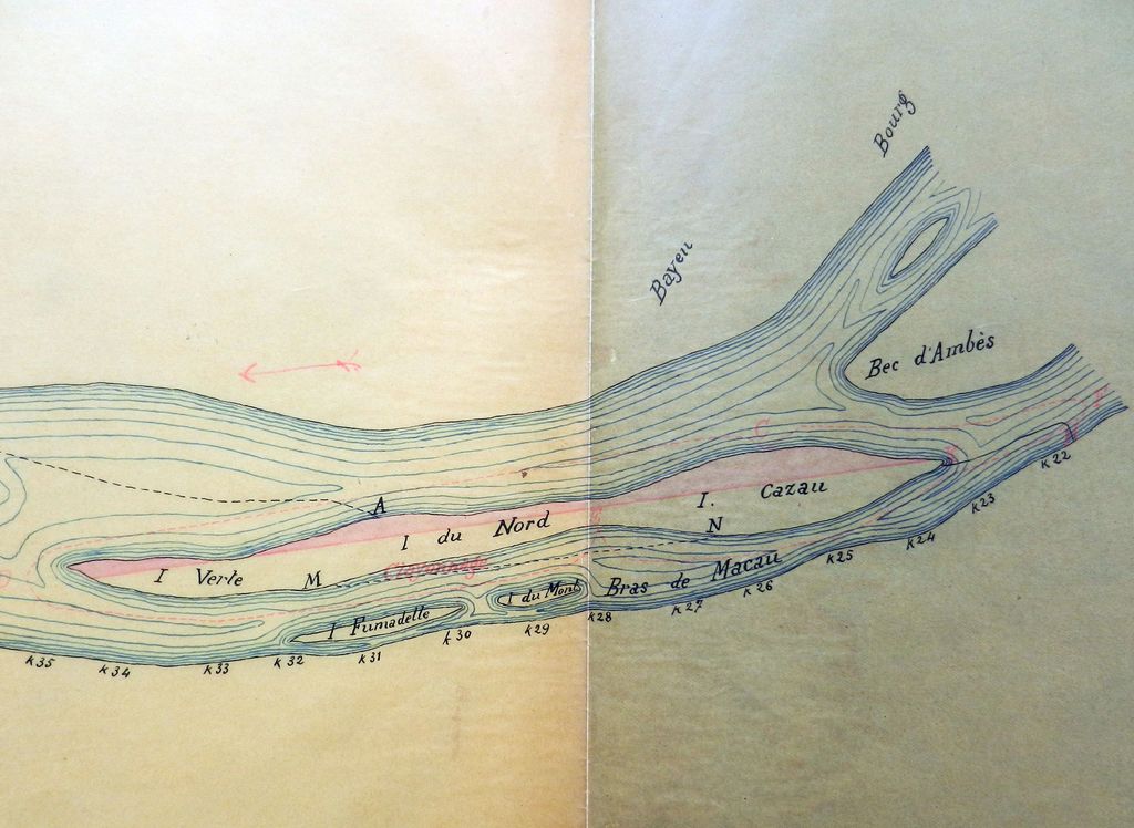 Amélioration de la Garonne Maritime et de la Gironde Supérieure. Passage du Bec d'Ambès. Entreprise Vernaudon frères. pourvoi au Conseil d'Etat. Croquis annexé au rapport d'expertise, 22 septembre 1902 : détail de l'île Cazeau, de l'île Verte et de l'île du Nord.