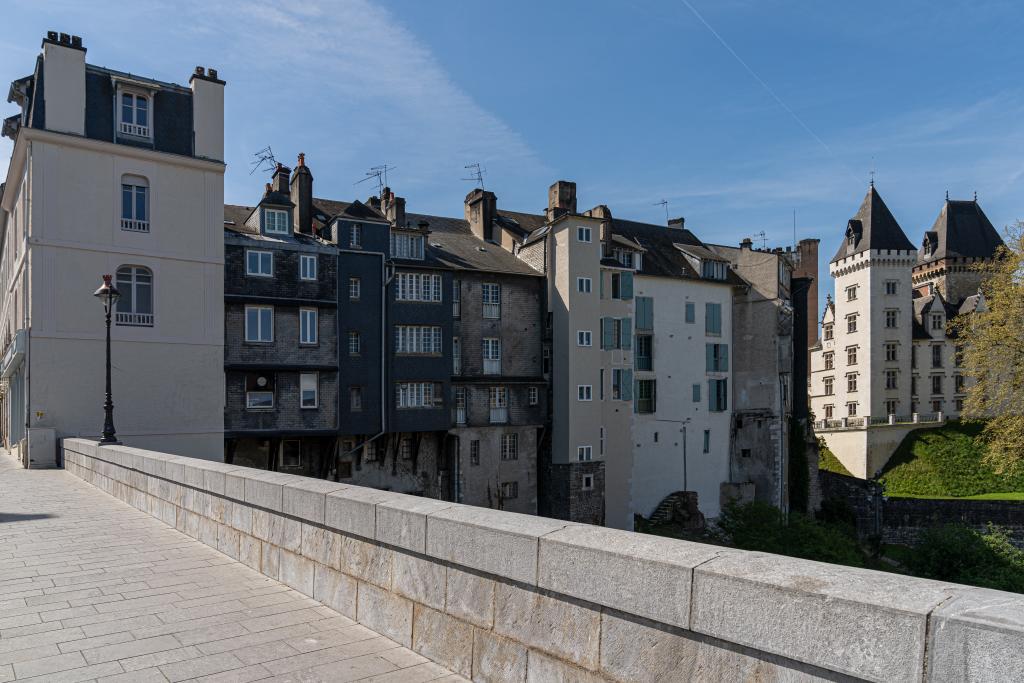 Paysage urbain, pont Neuf, façades arrière surplombant le Hédas et château.