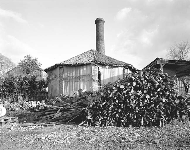 Vue prise de l'ouest : cheminée et bâtiment du four (?)