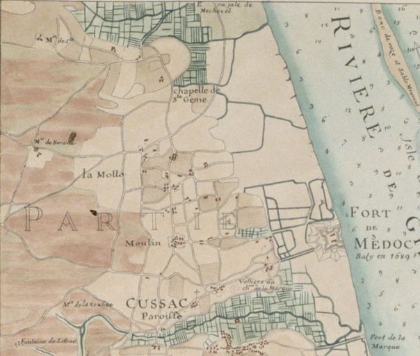 Extrait de la carte de Masse (1724) : indication de la chapelle de Sainte Gemme et paroisse de Cussac.