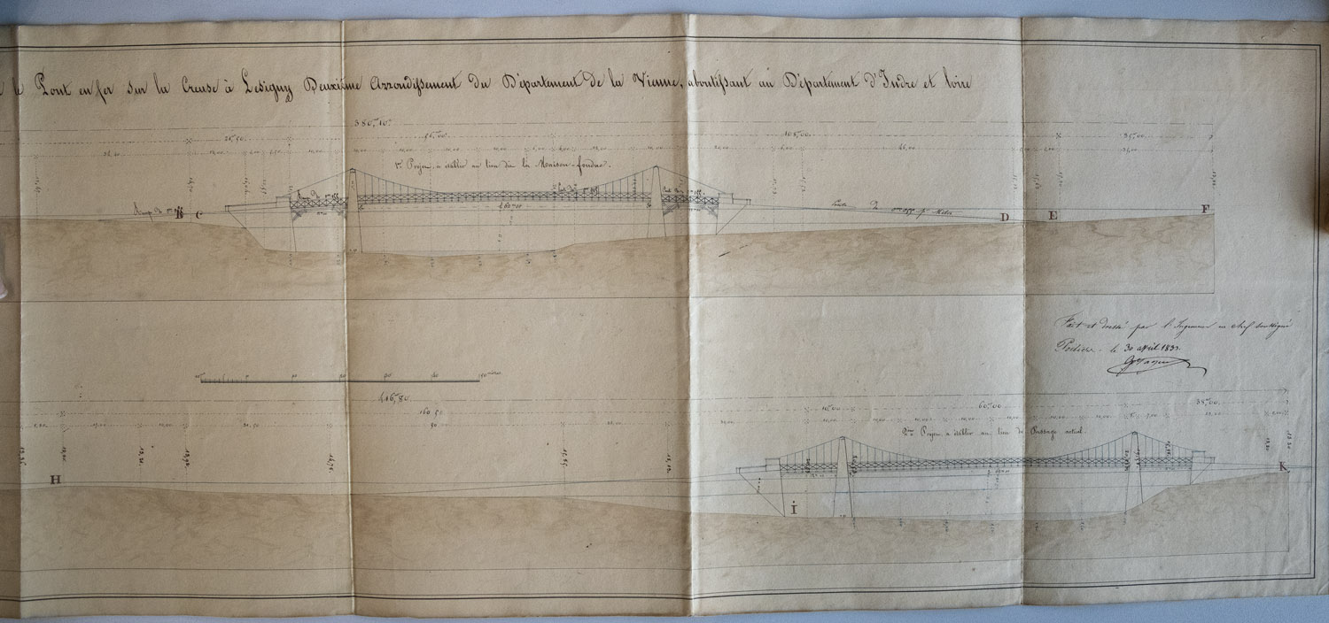 Pont de Lésigny sur la Creuse, Bayard de la Vingtrie. Nivellement en longueur aux deux emplacements possibles du pont, 1833.