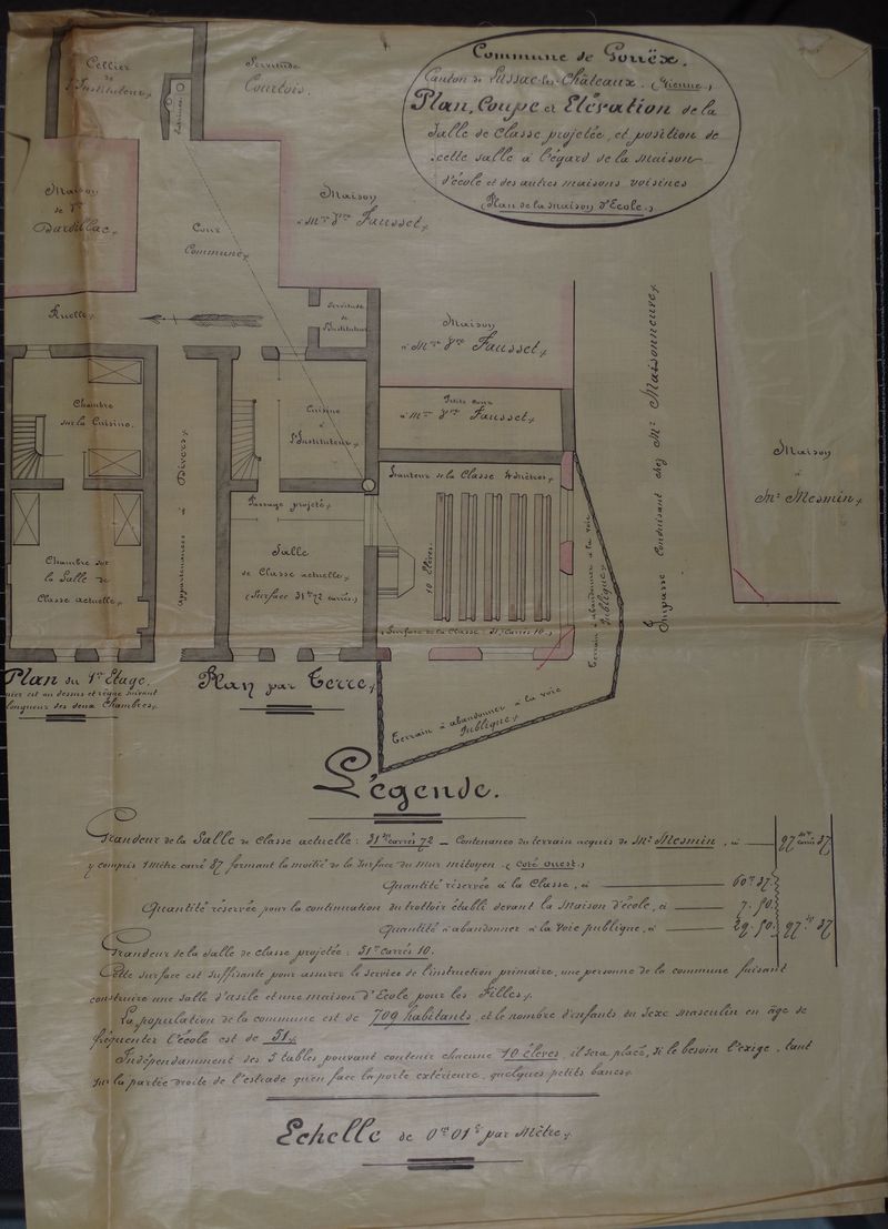 Plan coupe de l'école et de la salle de classe projetée (1865).