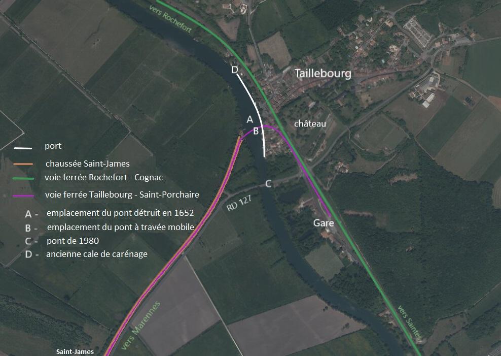 Vue aérienne annotée : les différents ouvrages liés au fleuve et à la vie ferrée à Taillebourg.