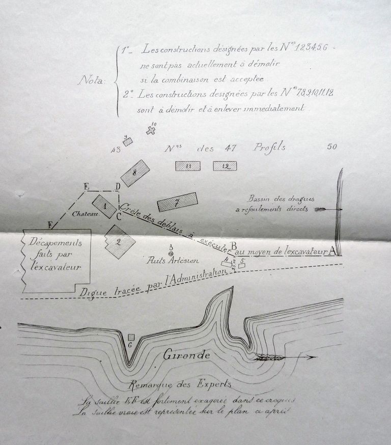 Amélioration de la Garonne Maritime et de la Gironde Supérieure. Passage du Bec d'Ambès. Entreprise Vernaudon frères. pourvoi au Conseil d'Etat. Croquis annexé au rapport d'expertise, 22 septembre 1902 : bâtiments à démolir sur l'île Cazeau.