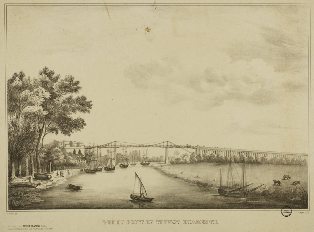 Le pont suspendu de Tonnay-Charente. Dessin de Louis-Auguste Auguin, lithographie de Jacques Wissler, 1843.