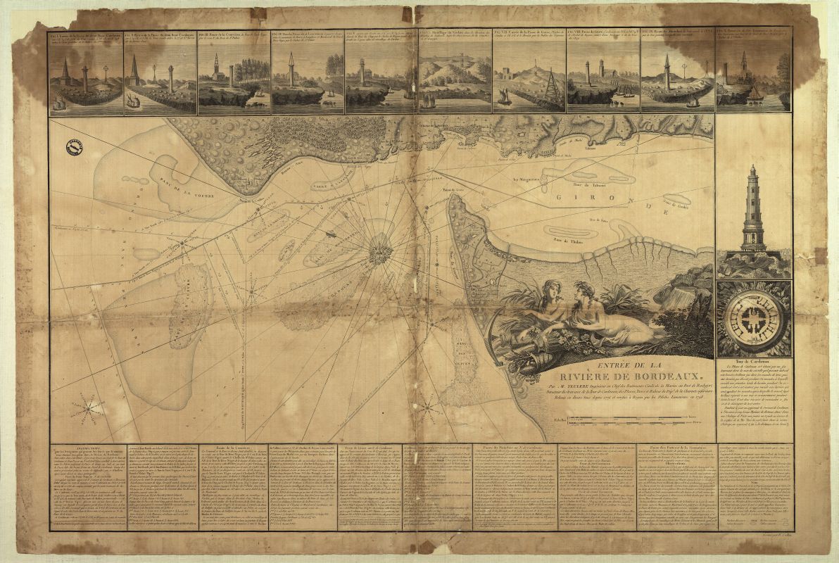 Carte de l'embouchure de la Gironde par Teulère en 1776-1798, montrant les passes et repères pour la navigation.