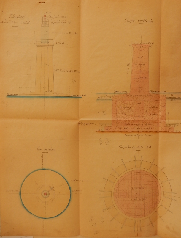 Dessin d'exécution du phare, par le conducteur Lauriol, le 28 janvier 1920.