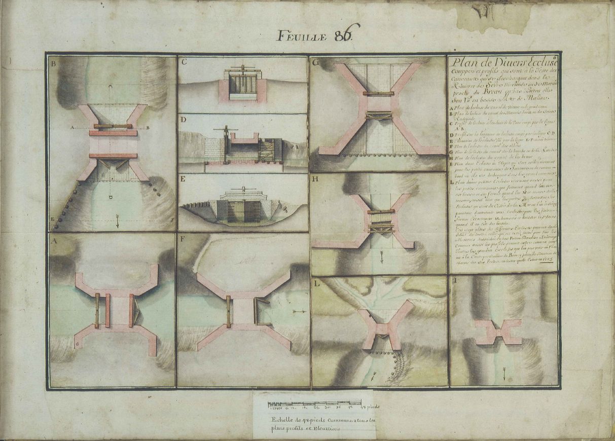 Plans, coupes et élévations de portes ou écluses à l'anse du Brault, par Claude Masse, en 1705.