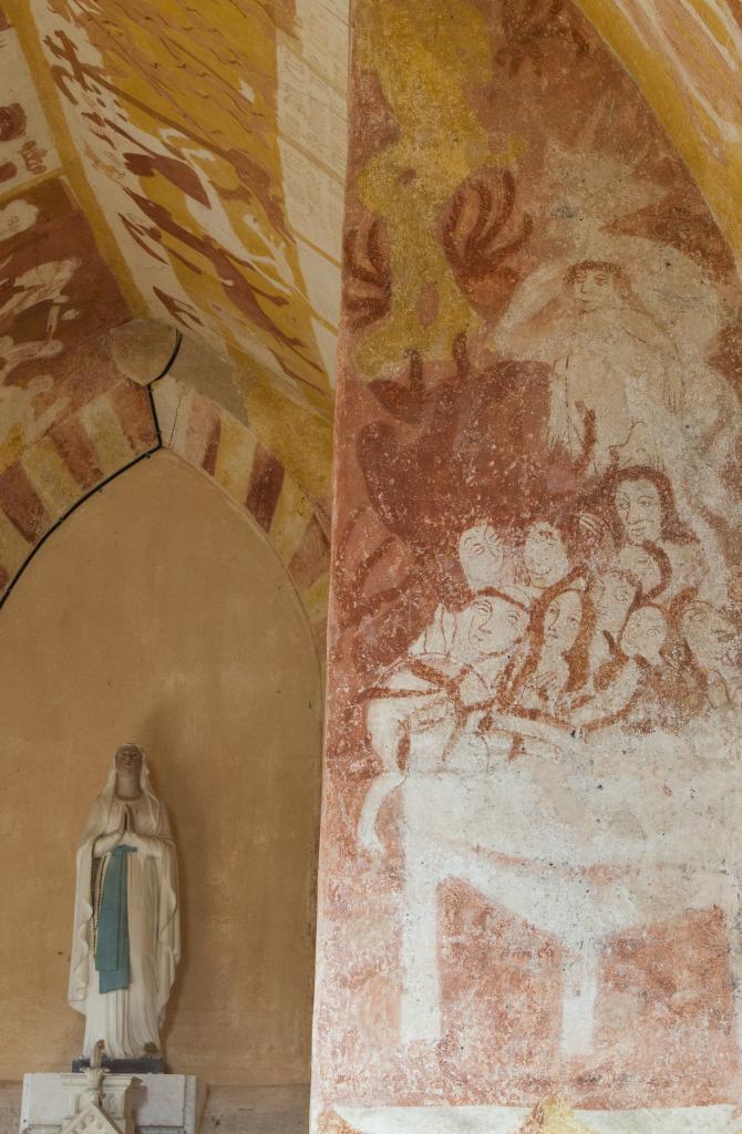 L'Enfer dans la chapelle Sainte-Catherine adossée à l'église d'Antigny, avec, à gauche sur la voûte, le dit des trois vifs et des trois morts.