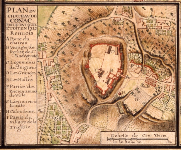 Les halles de Cônac, à droite, repère E, sur le plan du château de Cônac par Claude Masse en 1715.