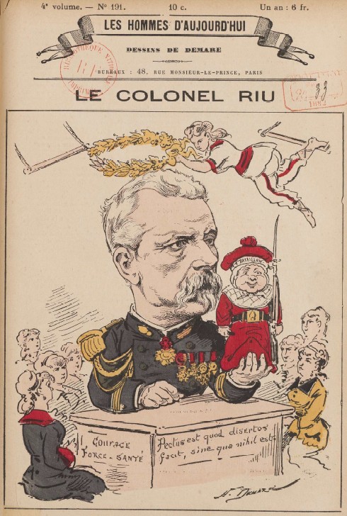 Caricature d’Eugène Riu réalisée par Henri Demare et publiée en 1878 par Félicien Champsaur dans Les Hommes d’aujourd’hui.