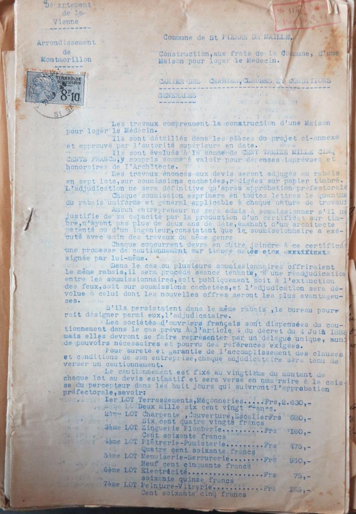 Première page du cahier des charges, clauses et conditions générales établi par Pierre Gouron, architecte, octobre 1936.