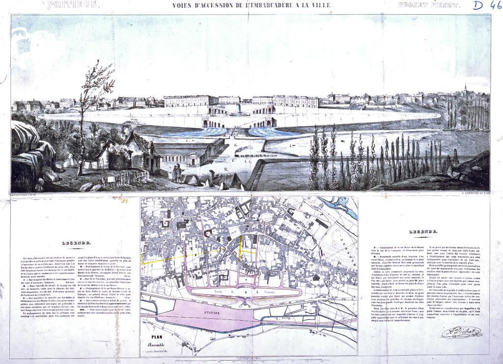 Pichot Alphonse, Projet de voies d’accession de l’embarcadère à la ville de Poitiers. Extrait du plan Pichot, exemplaire conservé aux Archives départementales de la Vienne, 1 N 2/4.