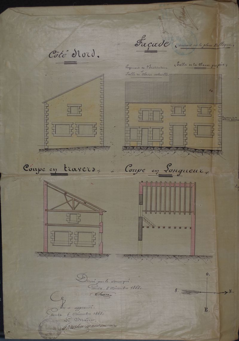 Plan élévation de la façade de la salle de classe projetée (1865).