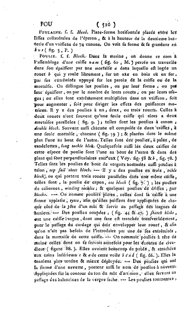 Définition du mot Poulie dans le Dictionnaire de la marine de Romme, page 510. (Gallica)