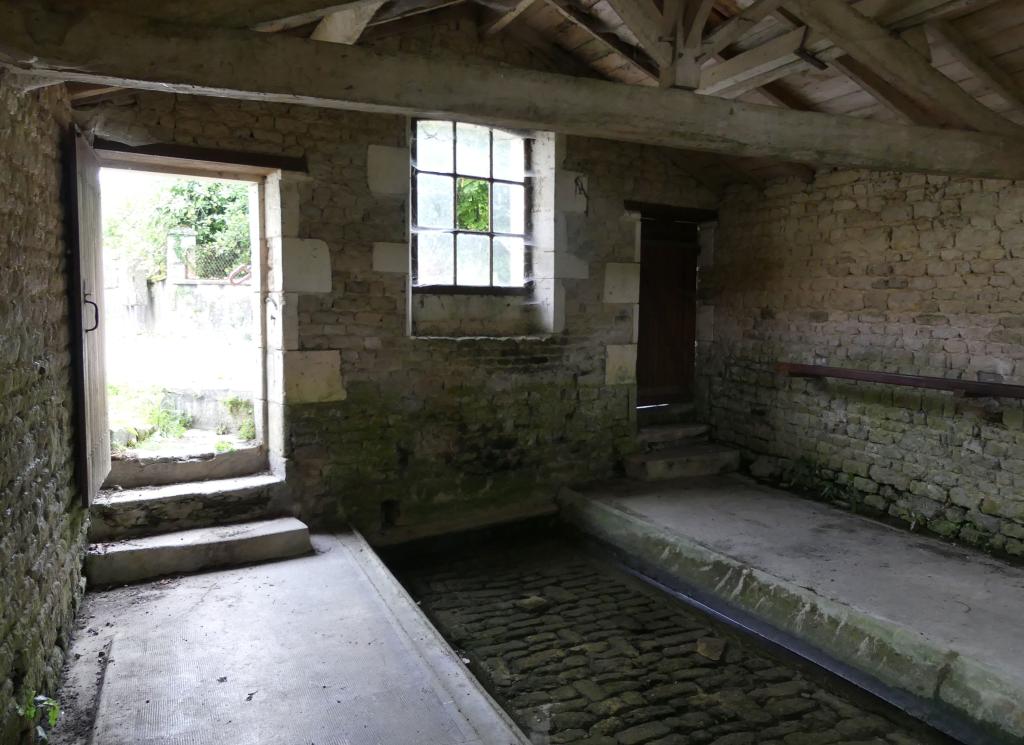 Vue intérieure du lavoir, depuis le ruisseau d'alimentation.