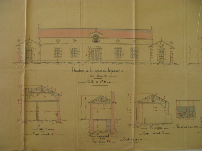 Projet de haras en 1899, élévations et coupes.