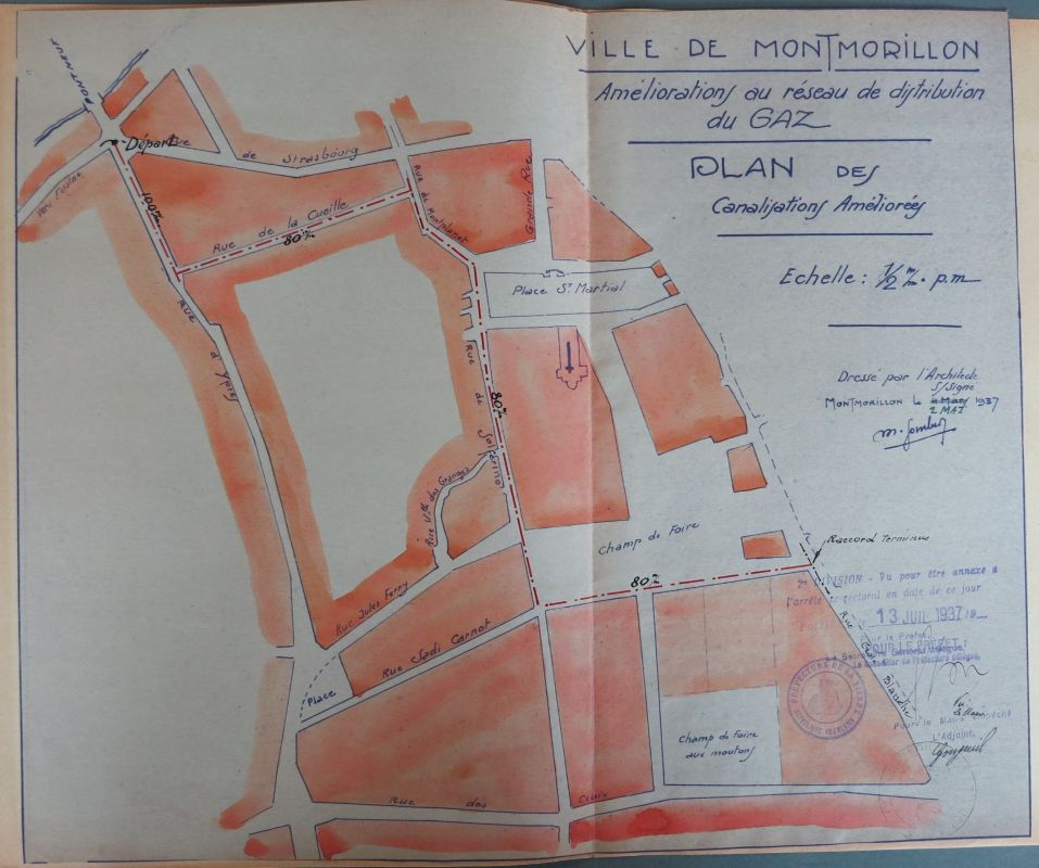 Plan d'amélioration du réseau de distribution du gaz à Montmorillon, Gombert, 1937.