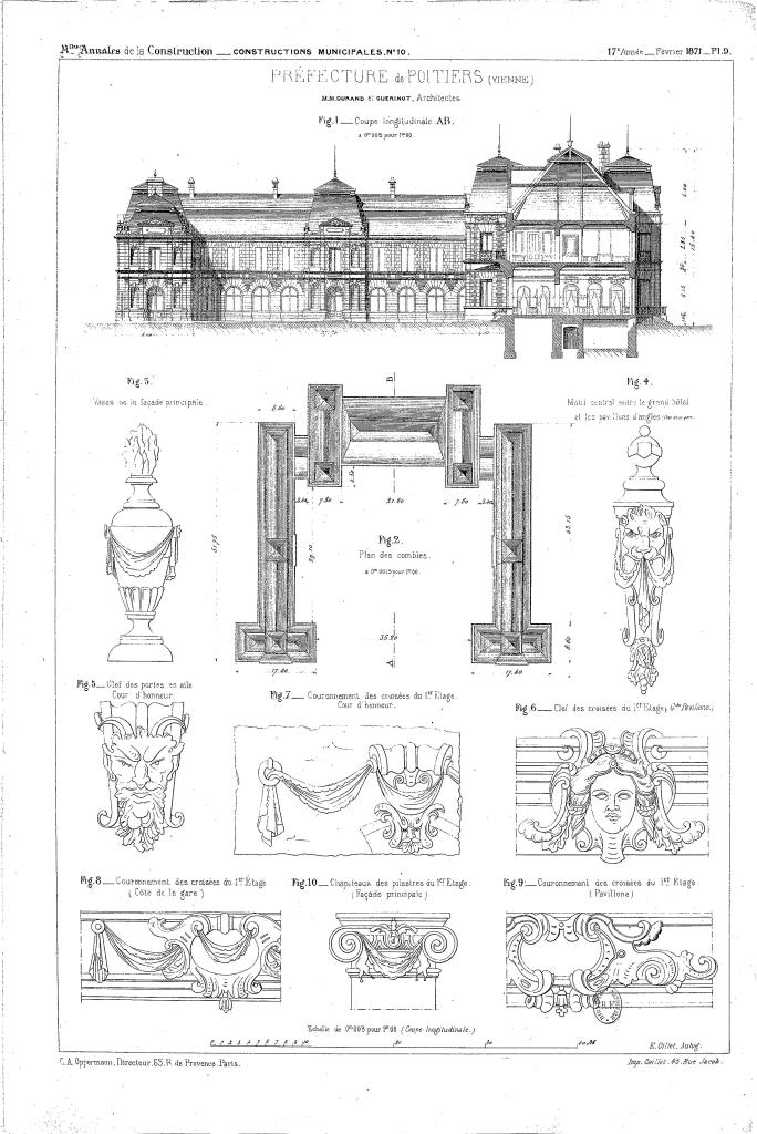 Elévation, plan et décor d'architecture, dessin d'Alphonse Durand et Gaëtan Guérinot, publié en 1871.