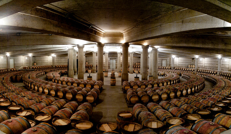 Vue d'ensemble intérieure du chai béton de Ricardo Bofill.