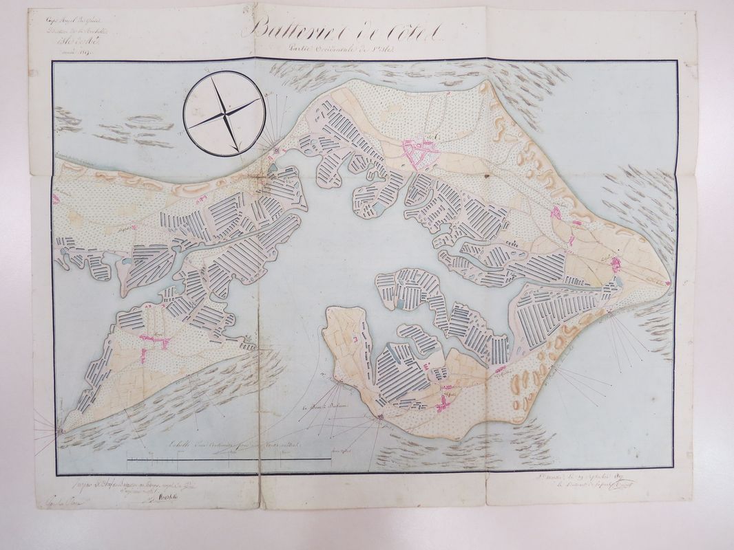 Batteries de côte défendant le Fier d'Ars et la Conche des Baleines, carte dressée par Pretteseille, 1817. Archives départementales de la Charente-Maritime, 12 J 121.