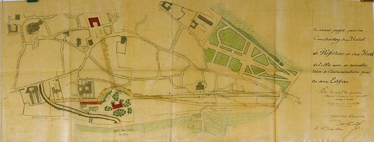 Avant-projet pour la construction d'un hôtel de préfecture et d'un hôtel de ville avec de nouvelles voies entre ces édifices, Fournier architecte, 1860.