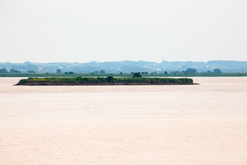 Îlot vue depuis le chenal de navigation, avec en arrière-plan le coteau du Blayais (Saint-Genès-de-Blaye et Blaye).